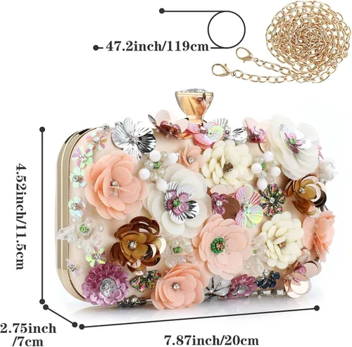 Miniatura 6 de Bolso de mano de noche floral para mujer con diamantes de imitación de metal con flores para mujer, boda, graduación, fiesta, lentejuelas 3D, bolso