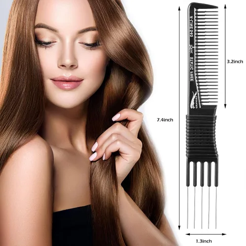 Miniatura 2 de Patelai 4 piezas de peine de carbono con punta de metal para levantar pelos y púas de peluquería con 5 pasadores de acero inoxidable para cabello