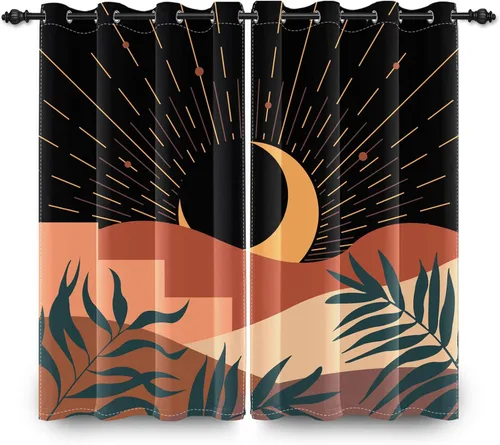 Miniatura 4 de Cortinas abstractas bohemias para ventana, estética de mediados de siglo, hojas de luna de montaña, para oscurecer la habitación, cortina con ojales
