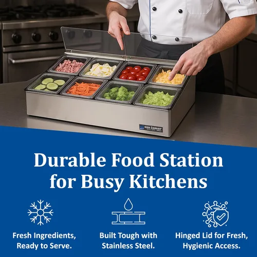 Miniatura 6 de San Jamar Ez-Chill Centro de preparación de alimentos autoservicio con tapa con bisagras para bares, restaurantes y cocinas, acero inoxidable