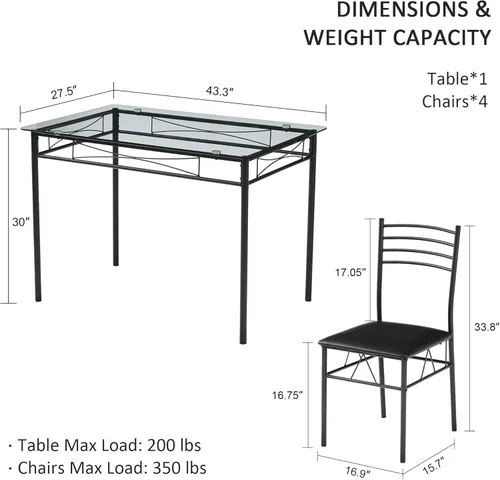 Miniatura 6 de VECELO juego de mesa de comedor de cocina y sillas para 4, asiento acolchado y tablero para vasos, ahorro de espacio, negro mate