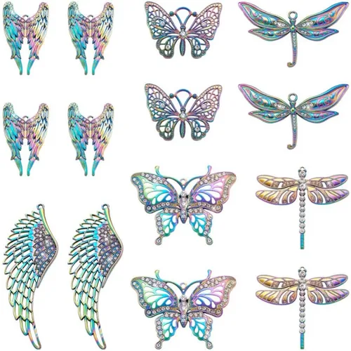 Miniatura 2 de 12 dijes de filigrana de mariposa de aleación de color arco iris, colgantes grandes, colgantes de ala hueca, adorno de metal grabado al agua fuerte