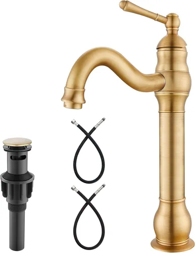 Heyalan Grifo de lavabo alto para lavabo, grifo de baño de una sola manija, boquilla alta de 1 orificio con material de drenaje, grifo mezclador de