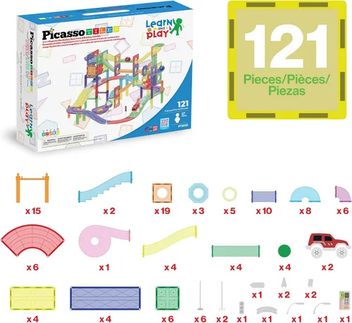 Miniatura 3 de PicassoTiles Juego de 121 azulejos magnéticos de pista de carreras de mármol 3 en 1, juego de construcción de carreras de automóviles, aprendizaje