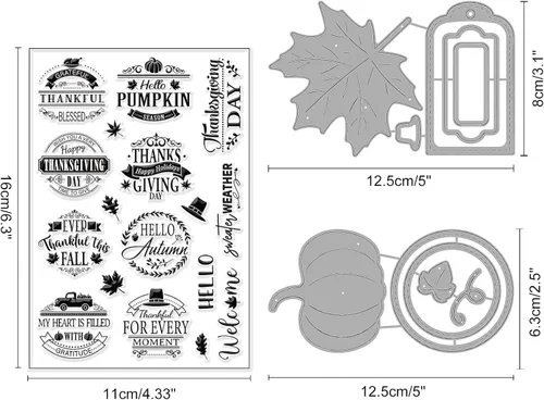 Miniatura 2 de ORIGACH Juego de sellos y troqueles transparentes de palabras de felicitación de otoño, sellos de silicona y troquelado de metal para hacer