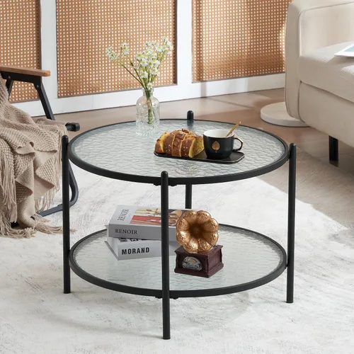 Miniatura 4 de VINGLI 65 cm Mesa pequeña redonda de centro de vidrio de onda de agua en negro mate, mesa central con diseño de almacenamiento moderno de 2 niveles