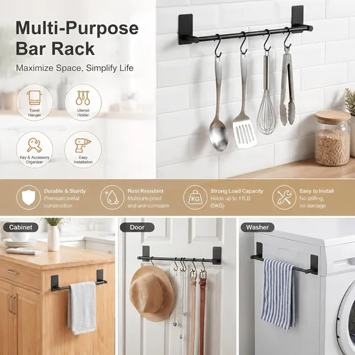 Miniatura 3 de Barra de Toalla Adhesiva Negra de 9 Pulgadas, Soporte de Toalla de Baño Adhesivo, Soportes de Toalla de Mano, Sin Perforación en la Pared - Negro