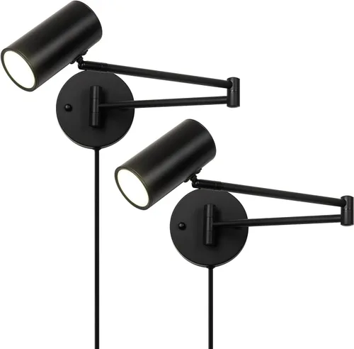 Miniatura 14 de Juego de 2 apliques de pared modernos con brazo oscilante para enchufar, luces de pared negras giratorias con cable de encendido/apagado