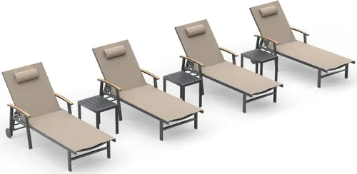 Miniatura 21 de Ciokea Sillón para exteriores con almohada, tumbona de aluminio de 5 posiciones con ruedas y reposabrazos, silla de piscina resistente de 400 libras