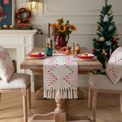 Miniatura 2 de Camino de Mesa Navideño de 13 x 108 Pulgadas de Largo, Algodón Natural Tejido con Borlas para Decoraciones Navideñas del Hogar y Comedor, para Rojo