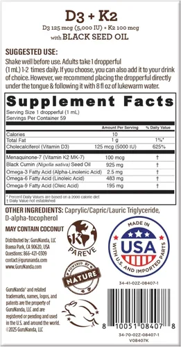 Miniatura 10 de GuruNanda Aceite de semilla negra, Nigella sativa prensada en frío, rico en vitamina D3, 5000 unidades, K2 y E, alta timoquinona Potente