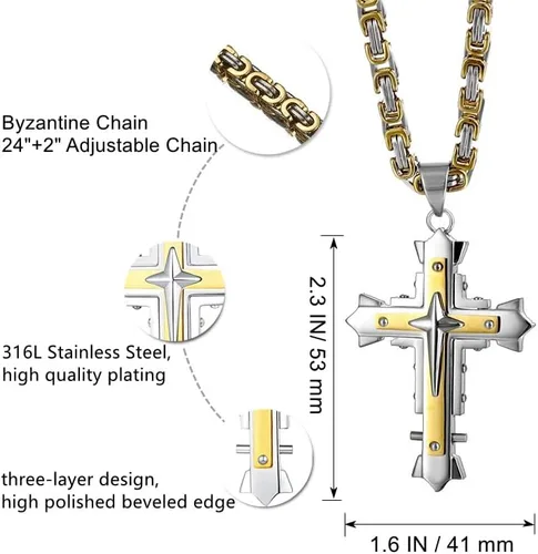 Miniatura 3 de Collar con colgante de cruz de Jesucristo grande de acero inoxidable, joyería religiosa para hombres, cadena de 24 pulgadas, color plataoronegro