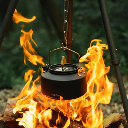 Miniatura 7 de Alocs Hervidor de camping – Mini hervidor de campamento de 1.1 L – Hervidor de té portátil para acampar – Cafetera ligera de aluminio para acampar