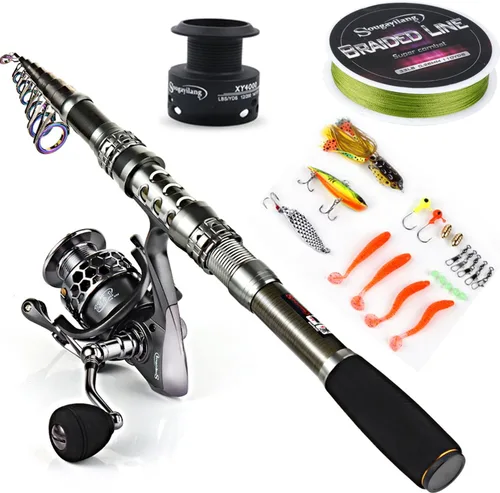 Sougayilang Combos de Caña de Pescar Telescópica y Carrete con Caña de Fibra de Carbono, Carretes Giratorios y Accesorios de Pesca kit completo de