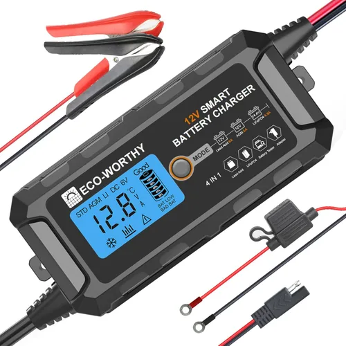 ECO-WORTHY Cargador de batería inteligente automático de 12V 5A y pantalla LCD del mantenedor para la batería de plomo ácido y litio (LiFePO4)