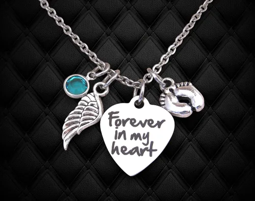 Miniatura 3 de Miscarriage "Forever In My Heart" Necklace with Angel Wing, Baby Feet & Birthstone, Child Loss Memorial, Miscarriage Jewelry - Loss of Child