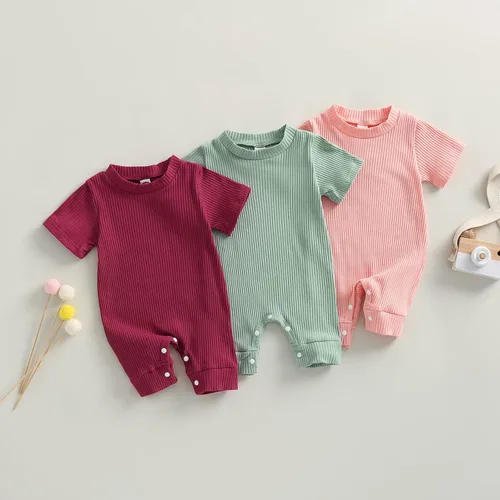 Miniatura 2 de BULINGNA Mameluco de verano para bebé, niña, niño, cuello redondo, color liso, de punto, acanalado, traje corto de una pieza