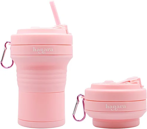 HANARA Taza plegable con popote reutilizable – 18 Oz (550 ml), taza de viaje portátil, sin BPA, a prueba de fugas, apta para microondas y Rosa