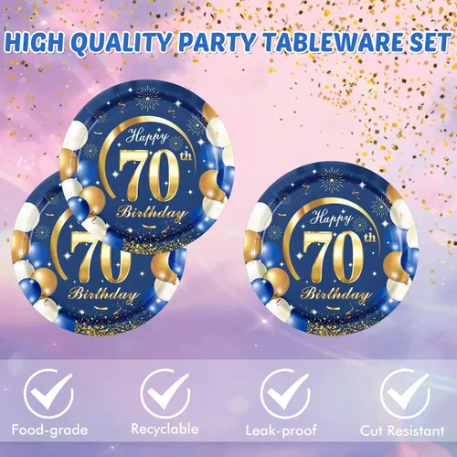 Miniatura 3 de 40 piezas de decoración para el 70 cumpleaños de hombres, azul marino y dorado, decoración de fiesta de cumpleaños feliz, incluye platos