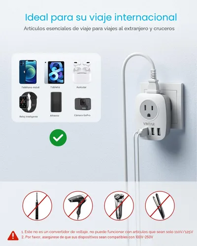 Miniatura 6 de Paquete de 2 adaptadores de enchufe de viaje europeo, VINTAR Adaptador de enchufe de alimentación internacional con 1 USB C, 2 salidas americanas