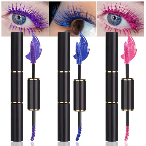 Juego de rímel de doble punta de 3 colores para pestañas, morado azul rosa, rímel colorido impermeable encantador de larga duración voluminoso,