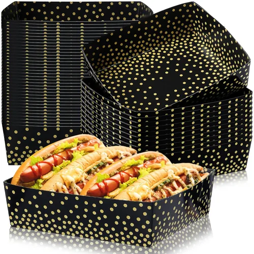 Hushee 50 piezas de suministros para fiesta de graduación de 5 libras de puntos circulares negros y dorados, nachos, bandejas desechables de lunares