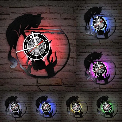 The Geeky Days Reloj de pared con iluminación LED de gato negro con pecera, lámpara de noche para guardería, habitación de niños, gatito juguetón,
