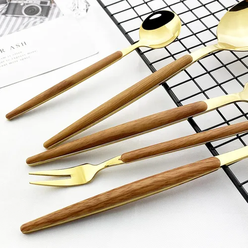 Miniatura 5 de JASHII Juego de cubiertos de madera de acero inoxidable de 20 piezas, mango de madera, cuchillo tenedor, cuchara, utensilios de cocina para 4