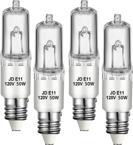 Paquete de 4 Bombillas JDE11, Bombillas Halógenas Mini Candelabro de 120V 50W, Bombilla T4 JD E11 Regulable 2700K Blanco Cálido (Bombillas LED de