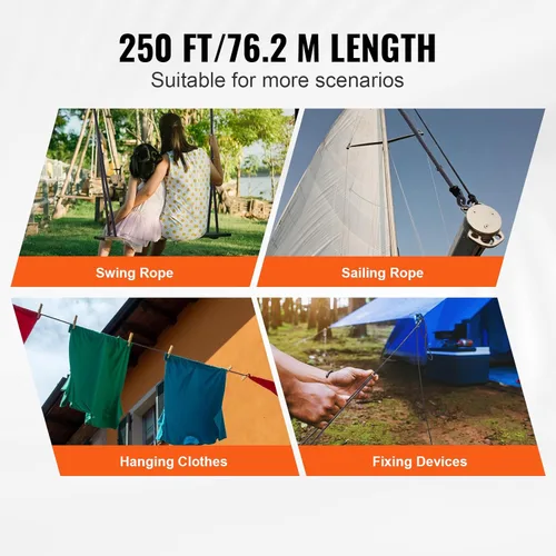 Miniatura 4 de VEVOR Cuerda de nailon trenzada, 3/16 pulgadas x 250 pies, 32 hebras, 720 LBS de resistencia a la rotura para exteriores, aparejo de árbol arborista