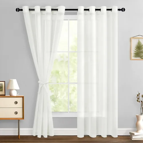 Miniatura 106 de Hiasan - Cortinas traslúcidas de gasa cortas semitransparentes con ojales y alzapaños filtrantes de luz para ventana, dormitorio, baño, 2 paneles