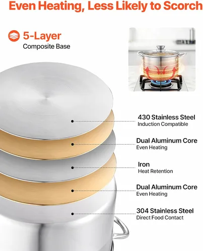 Miniatura 3 de VEVOR Olla de acero inoxidable, olla de acero inoxidable de 8 cuartos con tapa de vidrio, sin PFOA, sin PFAS, compatible con estufas de gas, cocinas