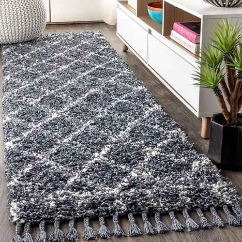 JONATHAN Y Mercer Shag - Alfombra de pasillo de felpa con borlas, azul/crema, 2 x 8 pulgadas, enrejado geométrico marroquí, fácil limpieza para sala