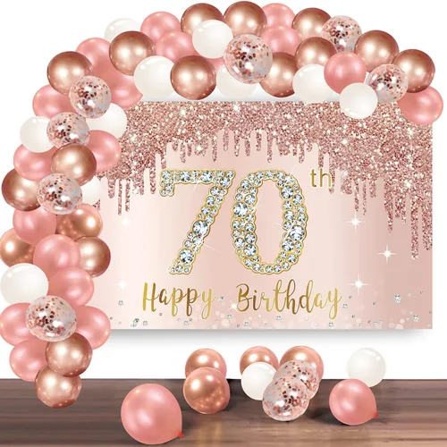 Miniatura 8 de Cartel de feliz cumpleaños número 10 con arco de guirnalda de globos de confeti, juego de globos de oro rosa para niñas, póster rosa de cumpleaños
