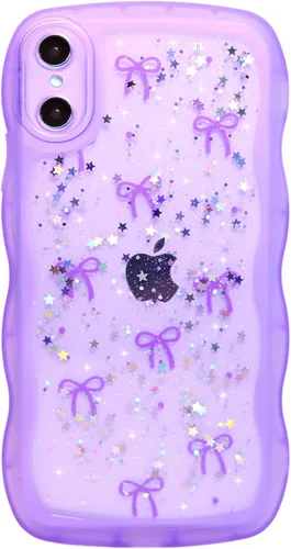 Miniatura 94 de Qokey Funda para iPhone 12 Pro Max de 6.7 pulgadas, diseño de onda rizada, borde transparente, brillante con purpurina, estrella brillante, bonita