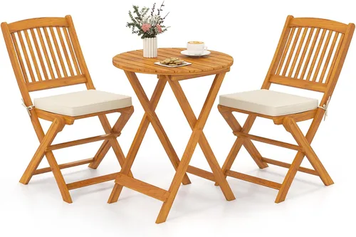 HAPPYGRILL Juego de mesa y silla de 3 piezas con cojines plegables de madera y mesa auxiliar para balcón, jardín, patio trasero Blanco
