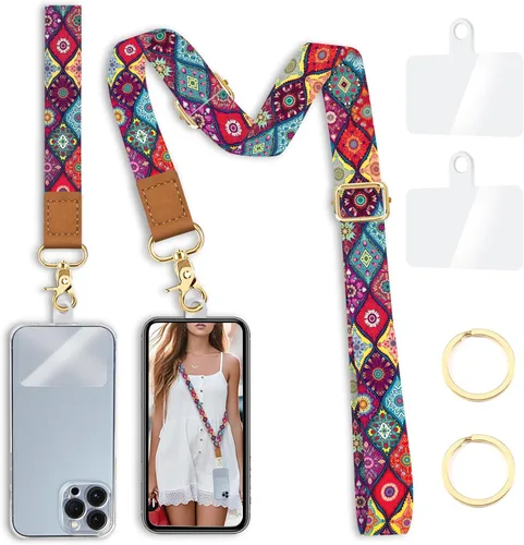 Miniatura 17 de Cordón cruzado para teléfono celular con correa para la muñeca, diseño de flores, para colgar alrededor del cuello, correa floral ajustable