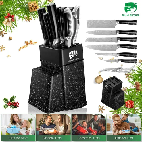 Miniatura 7 de FULLHI Juego de 8 piezas de bloque de cuchillos, juego de cuchillos de chef con bloque y afilador, juego de cuchillos de cocina, mango multicolor
