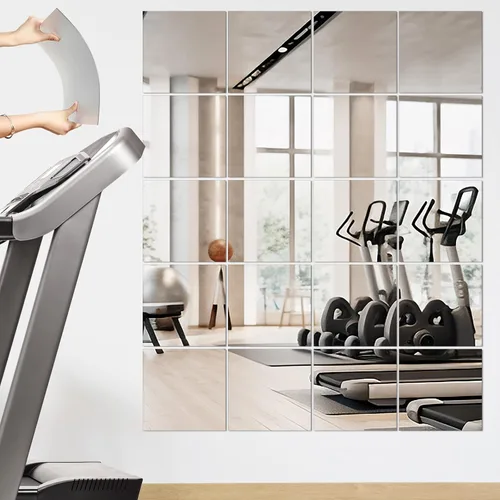 Queekay 20 espejos de gimnasio en casa de 12 x 12 pulgadas, azulejos de espejo autoadhesivos para entrenamiento, sin marco, espejo de pared acrílico
