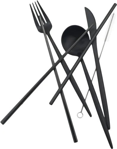 Miniatura 3 de Utensilios de viaje reutilizables, 7 piezas portátiles de acero inoxidable 304, incluyendo cuchillo, tenedor, cuchara, palillos, cepillo