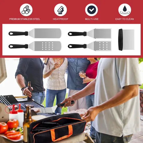 Miniatura 7 de HaSteeL Kit de 8 accesorios para plancha, espátula de metal resistente, herramientas profesionales de plancha de acero inoxidable con bolsa