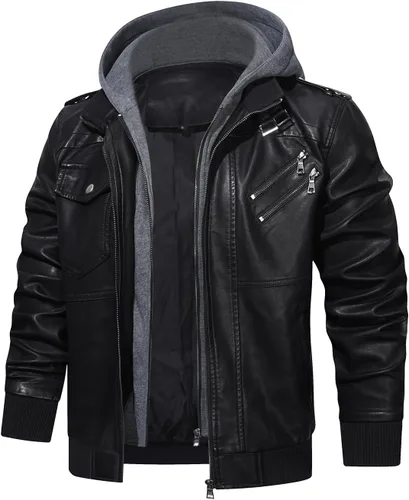 Miniatura 5 de Hood Crew - Chaqueta bomber para hombre, casual, con cuello alto, cazadora de moto, de piel sintética de poliuretano, con cremallera y capucha Negro