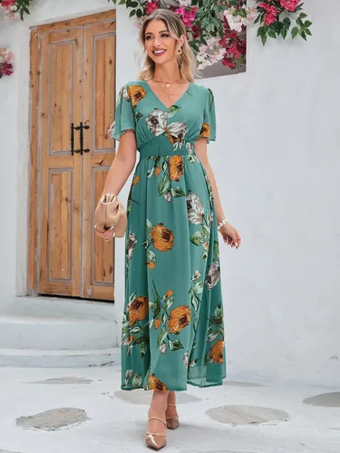 Miniatura 6 de Simplee Vestido largo de playa para mujer con cuello en V y manga corta, diseño bohemio floral, casual, para invitadas de boda y fiestas