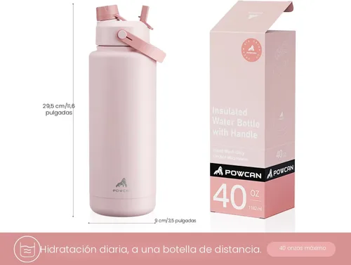 Miniatura 5 de POWCAN - Botella de agua térmica 2 en 1, sorbete y tapa con boquilla, antifugas, acero inoxidable sin BPA, portavasos automóvil, bebida fría 24 h