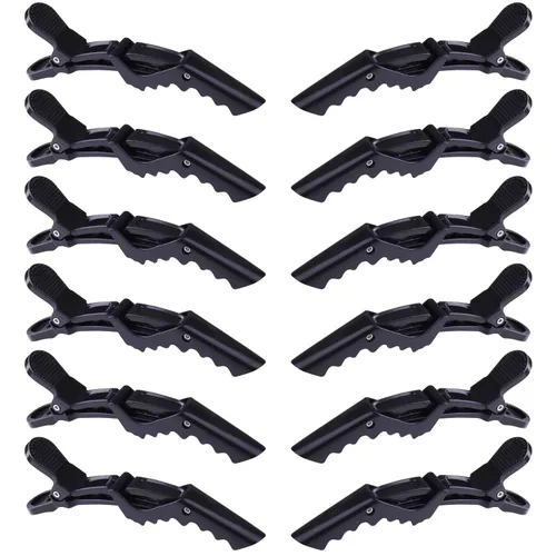 GLAMFIELDS 12 pinzas para el pelo de cocodrilo negro para mujeres, peluquería de peluquería, clip profesional de agarre de plástico antideslizante