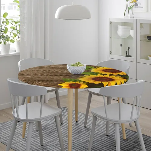 Miniatura 7 de Famame Mantel redondo ajustable con protector elástico, mantel de madera con diseño de girasol para cocina, cena, impermeable, a prueba de aceite