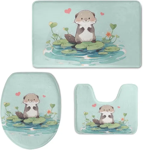 Miniatura 8 de Axolotl - Juego de 3 alfombras de baño antideslizantes y lavables para tapa de inodoro y tapete de contorno con respaldo de PVC, juego de tapetes
