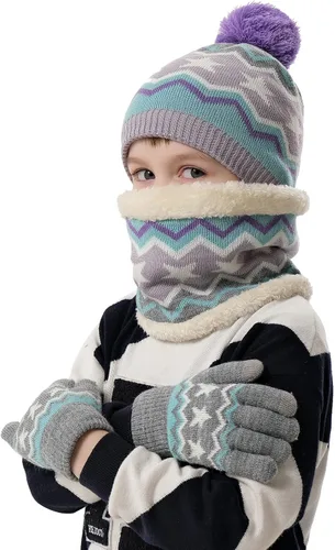 Miniatura 6 de Conjunto de gorro de invierno para niños y niñas de 2 a 7 años, gorro con pompón, forro polar