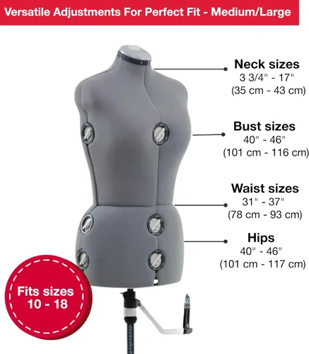 Miniatura 2 de SINGER Maniquí femenino ajustable gris para vestidos, tallas 10-18, apto para clavar alfileres, torso con guía de dobladillo de 360 grados, exterior