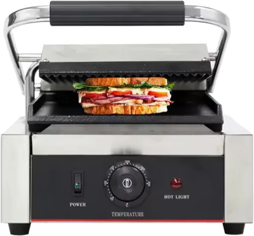 Miniatura 3 de Prensa comercial Panini con parrilla ranurada, máquina para hacer sándwiches, parrilla de contacto eléctrica individual